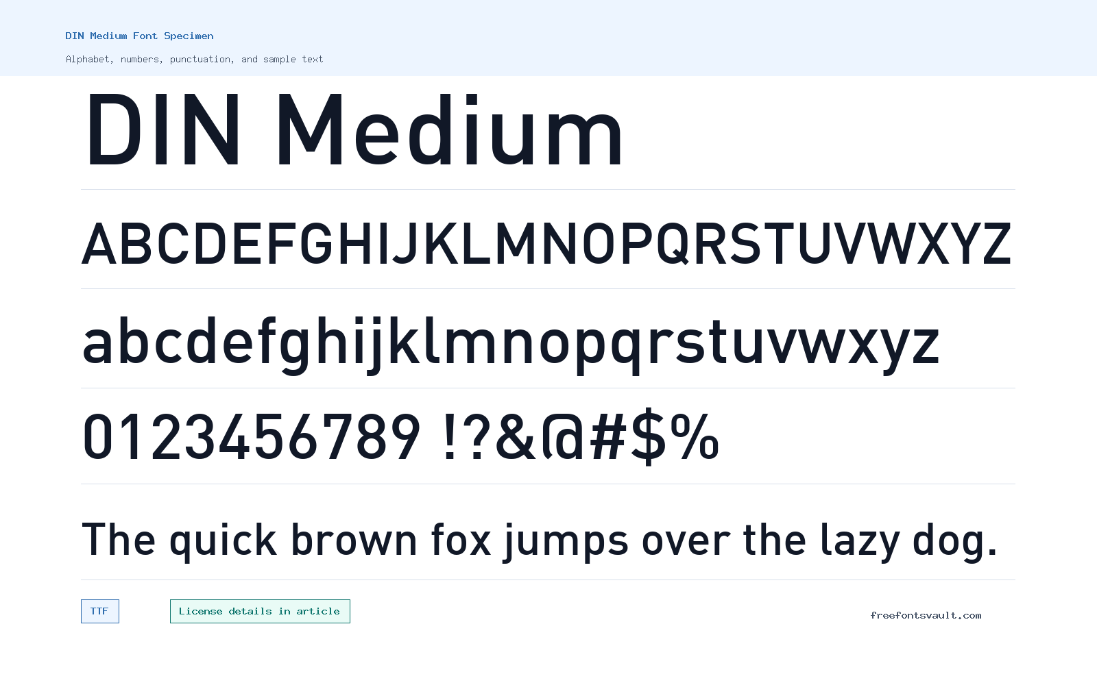 DIN Medium font specimen showing alphabet, numbers, and sample text