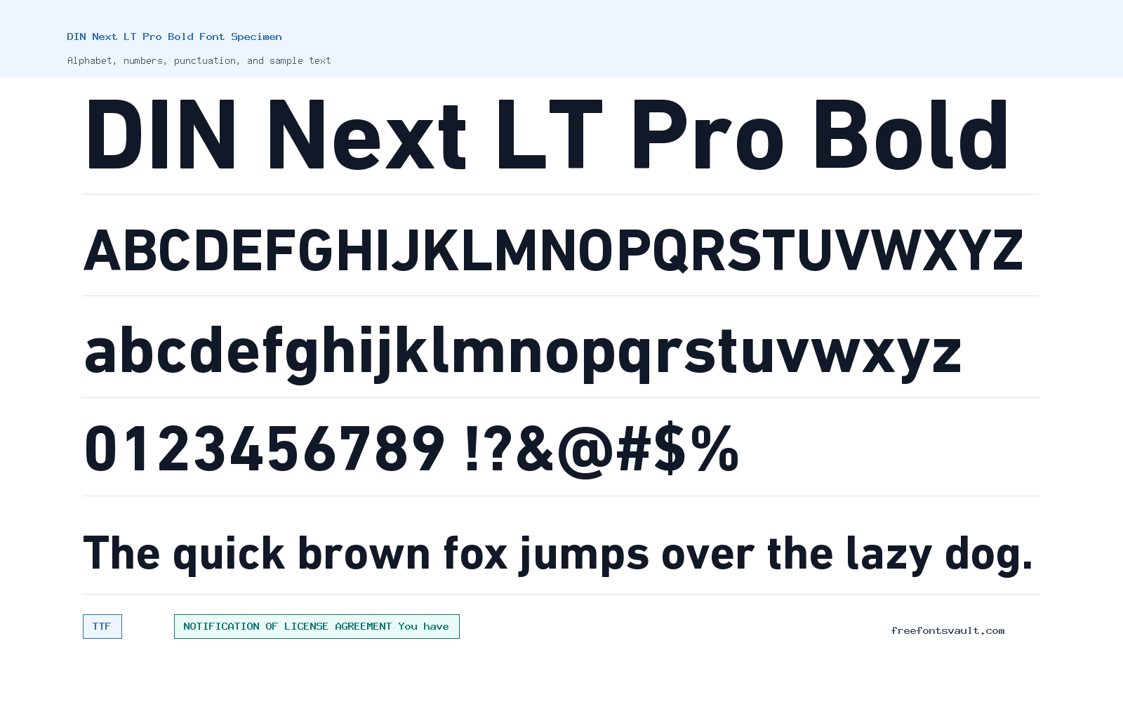 DIN Next LT Pro Bold font specimen showing alphabet, numbers, and sample text