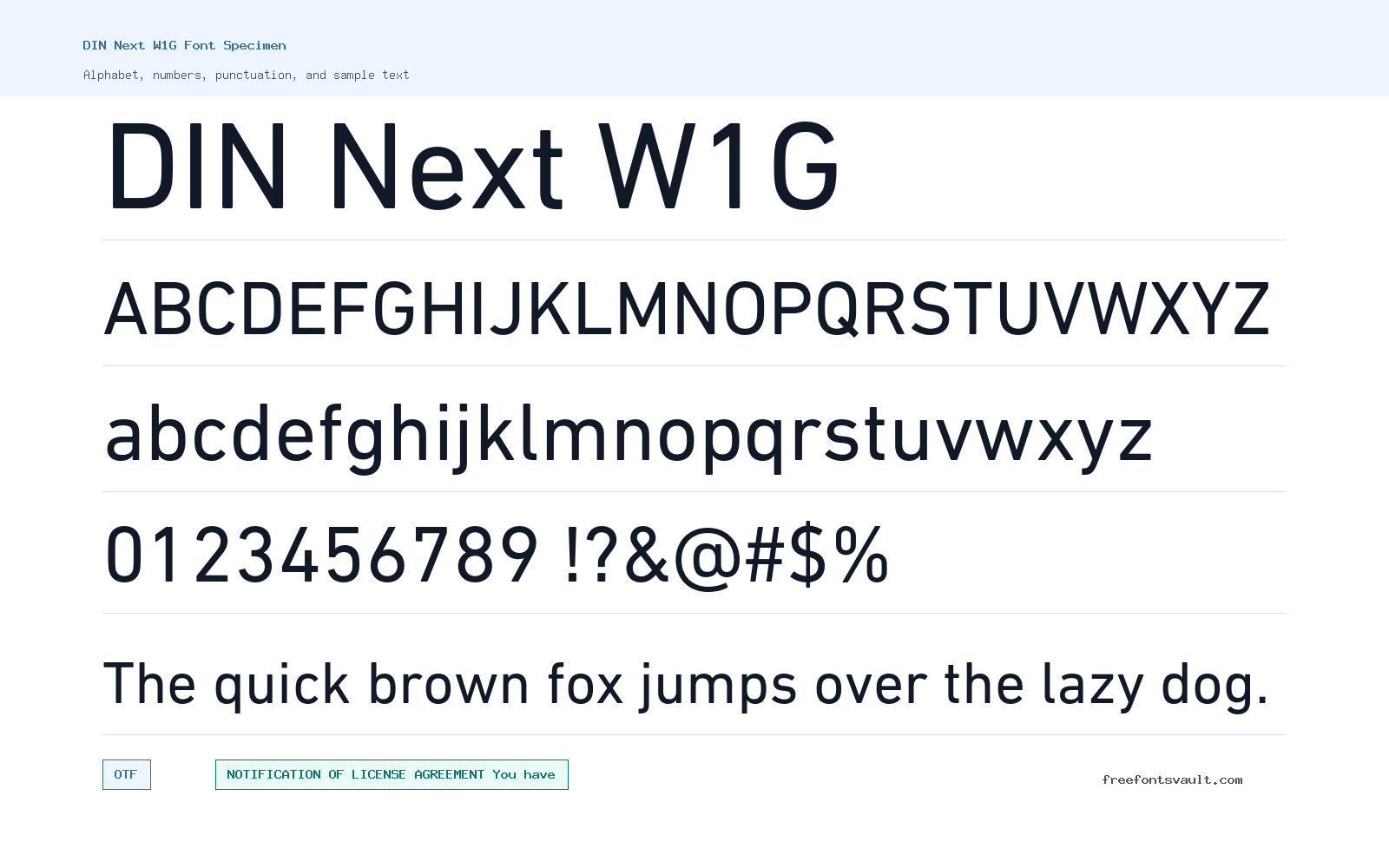 DIN Next W1G font specimen showing alphabet, numbers, and sample text