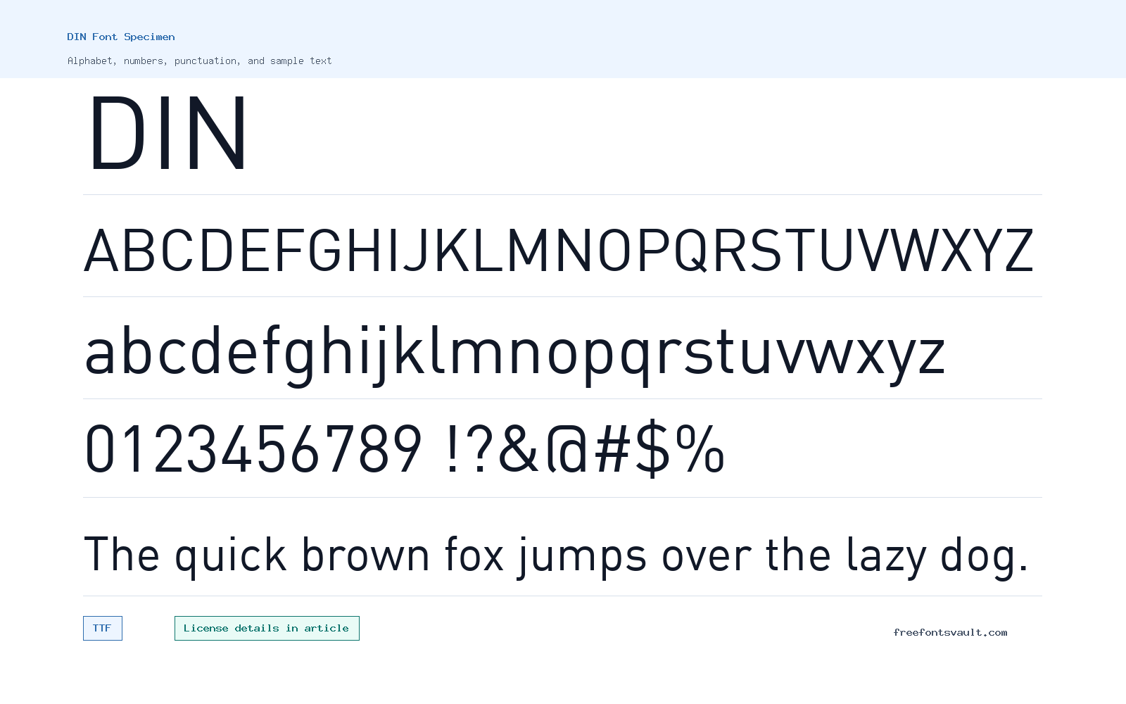 DIN font specimen showing alphabet, numbers, and sample text