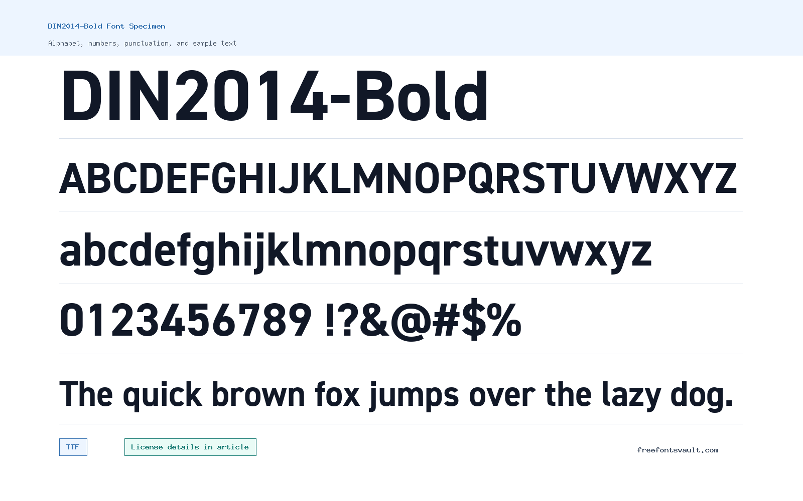 DIN2014-Bold font specimen showing alphabet, numbers, and sample text