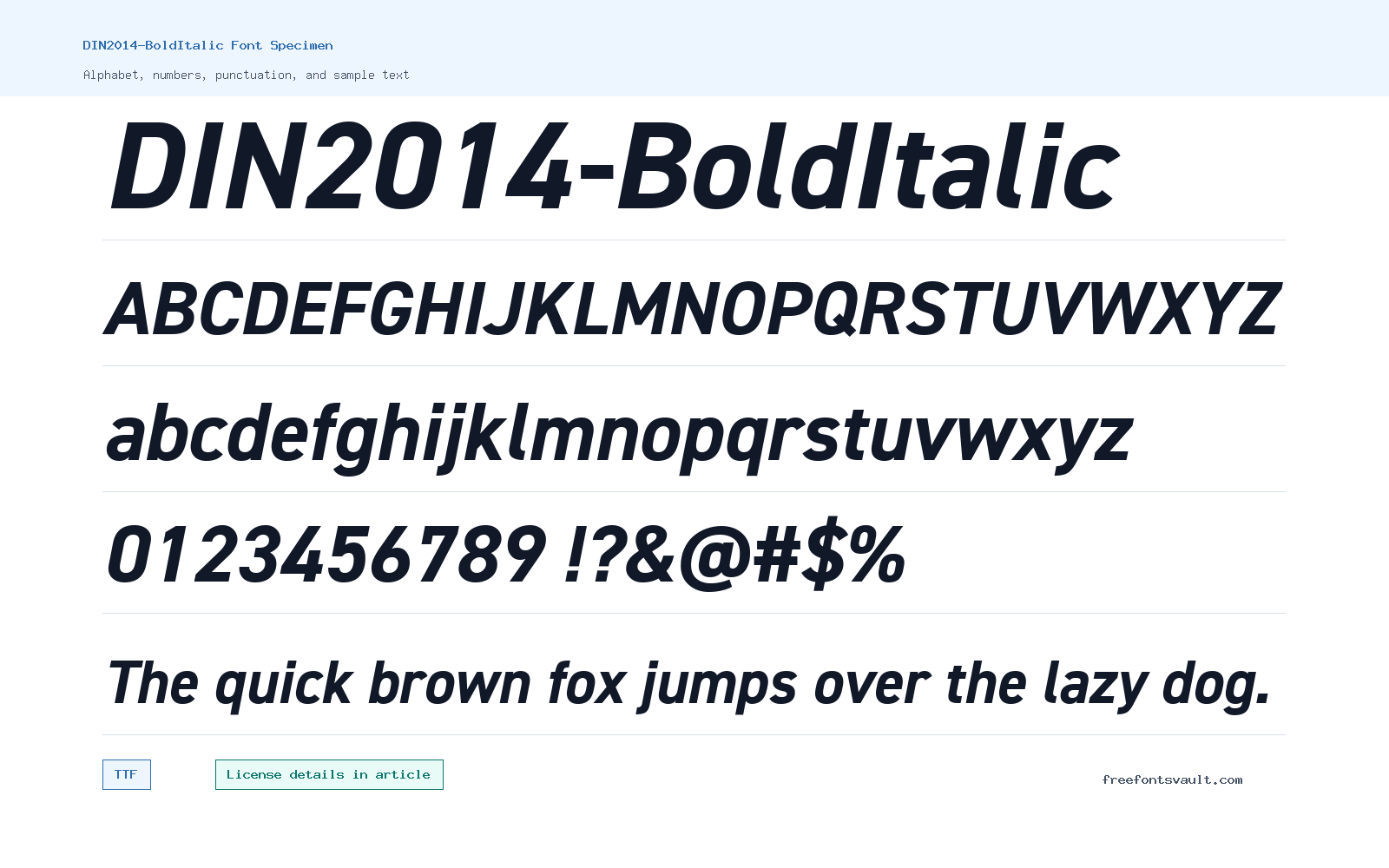 DIN2014-BoldItalic font specimen showing alphabet, numbers, and sample text