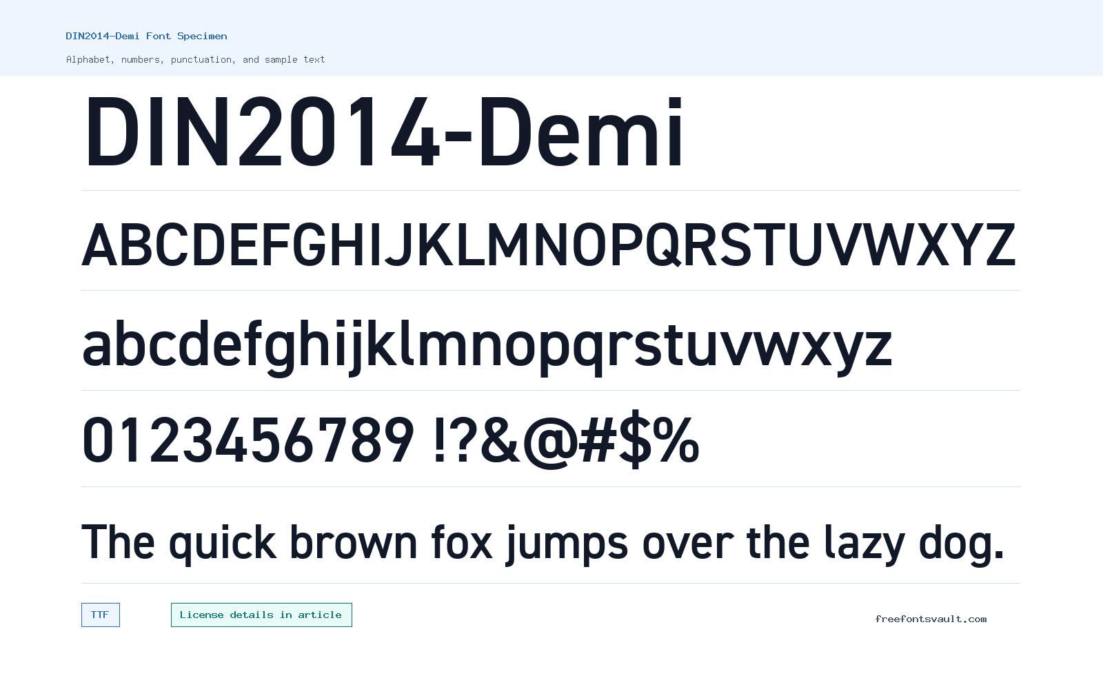 DIN2014-Demi font specimen showing alphabet, numbers, and sample text