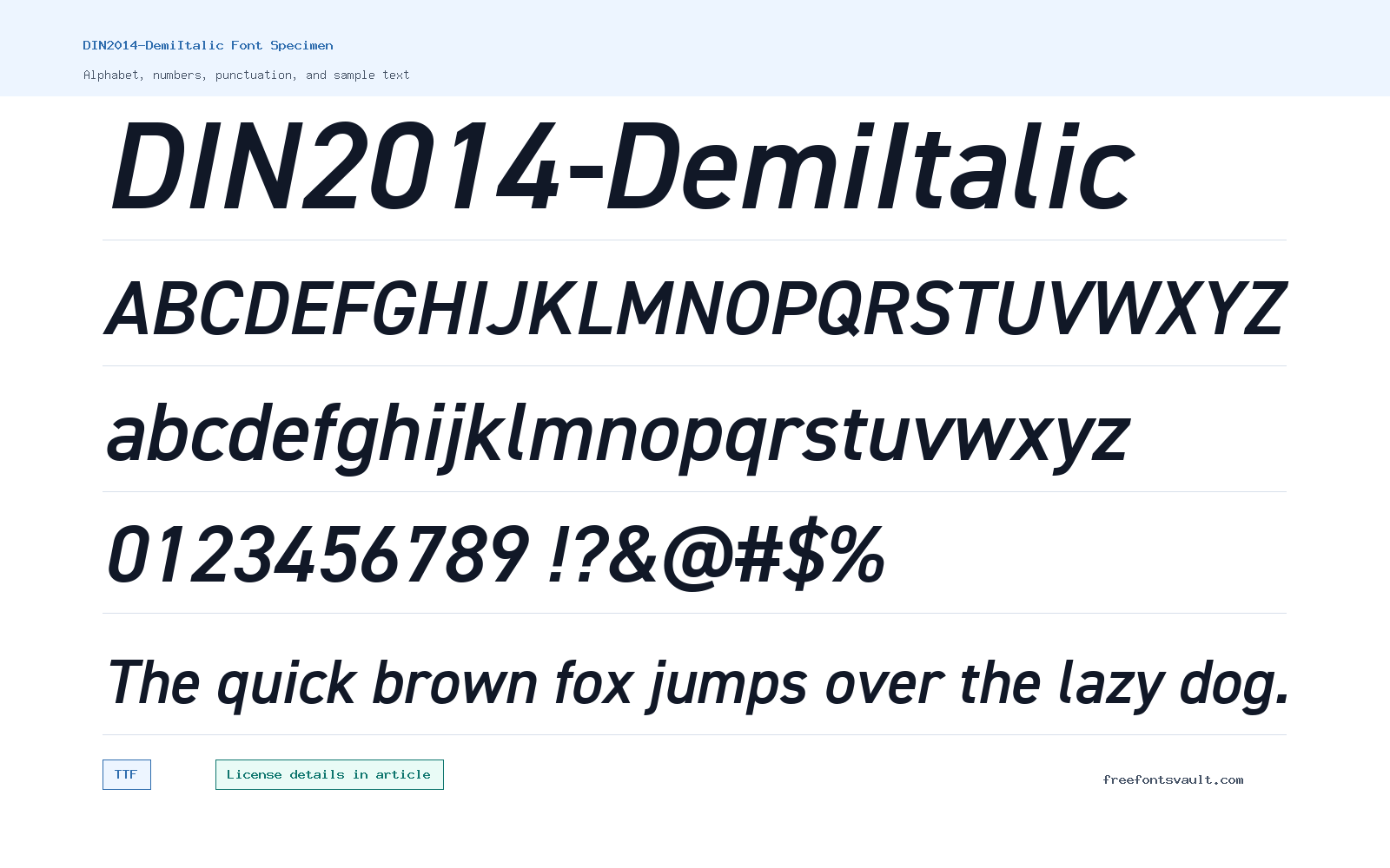 DIN2014-DemiItalic font specimen showing alphabet, numbers, and sample text
