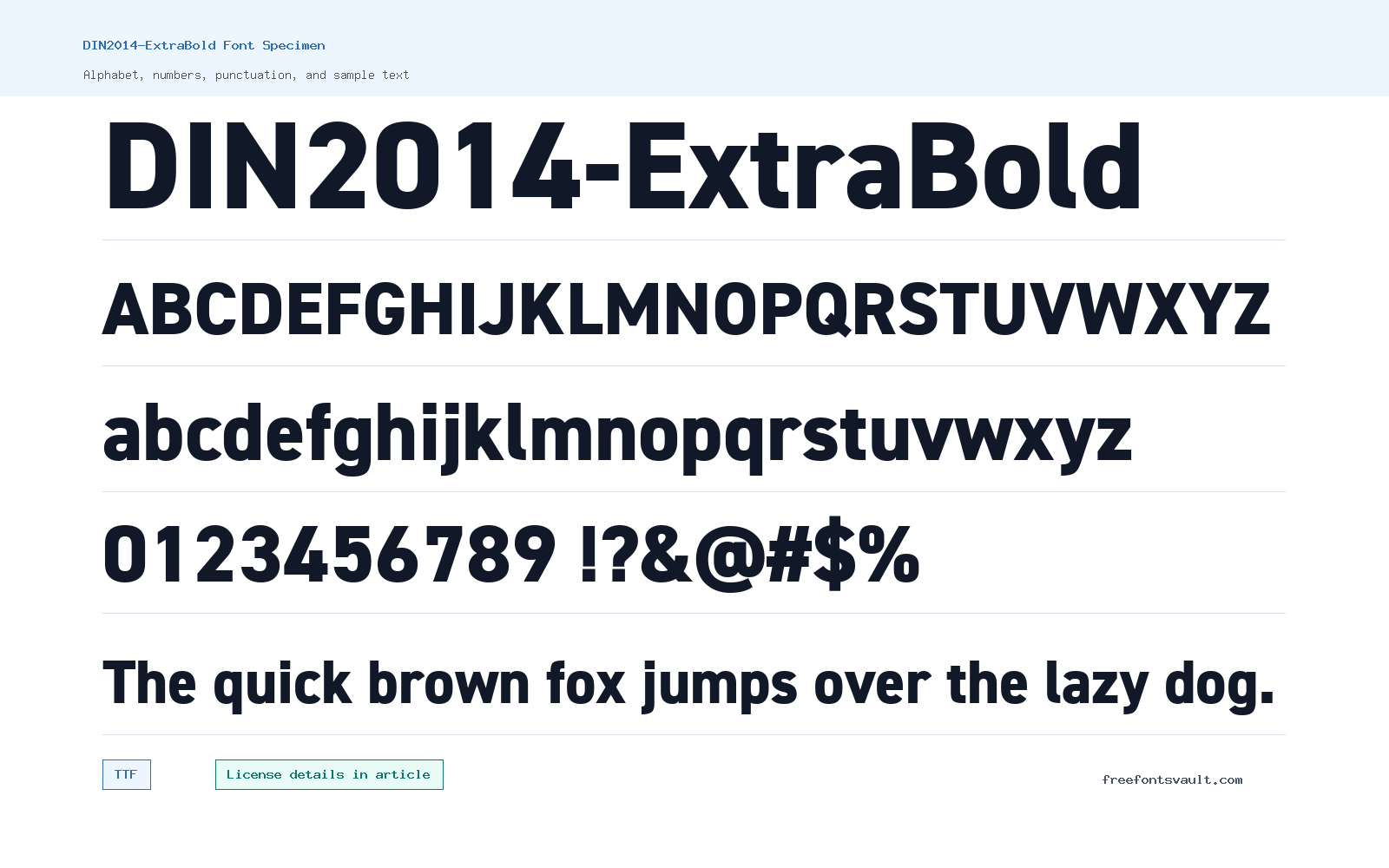 DIN2014-ExtraBold font specimen showing alphabet, numbers, and sample text