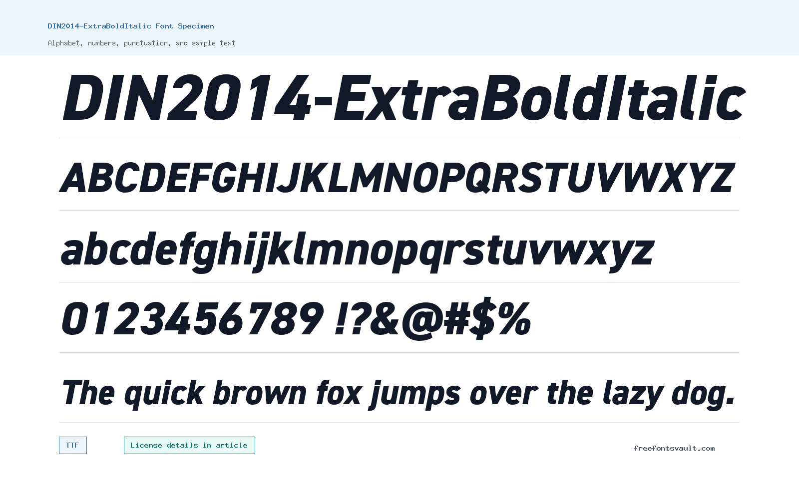 DIN2014-ExtraBoldItalic font specimen showing alphabet, numbers, and sample text