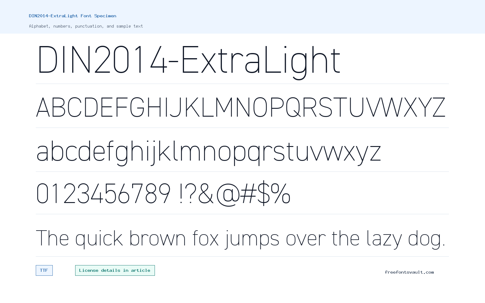 DIN2014-ExtraLight font specimen showing alphabet, numbers, and sample text