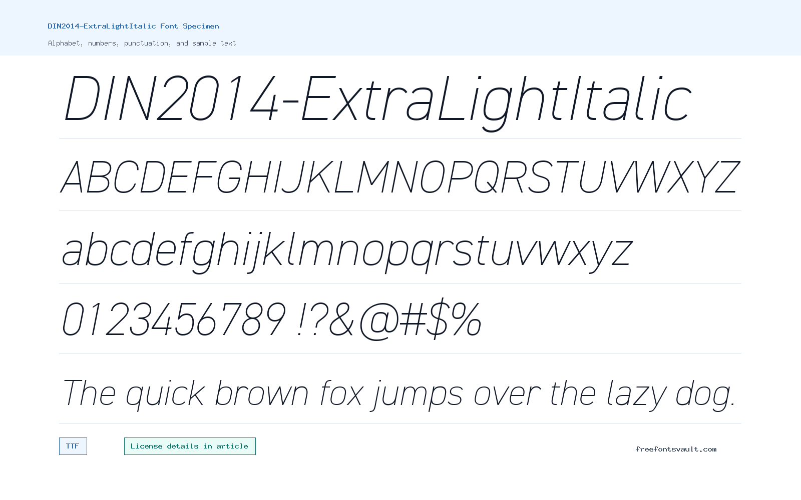 DIN2014-ExtraLightItalic font specimen showing alphabet, numbers, and sample text