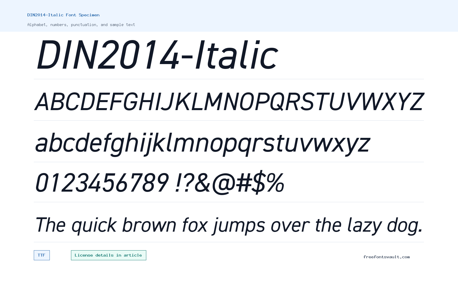 DIN2014-Italic font specimen showing alphabet, numbers, and sample text