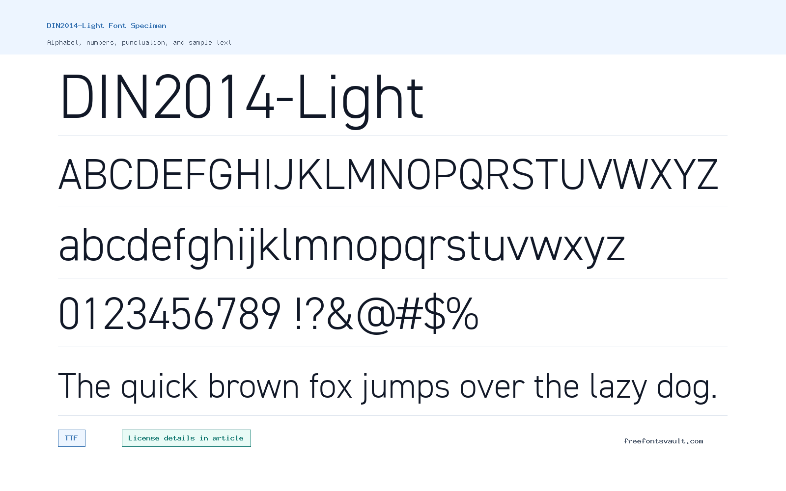 DIN2014-Light font specimen showing alphabet, numbers, and sample text