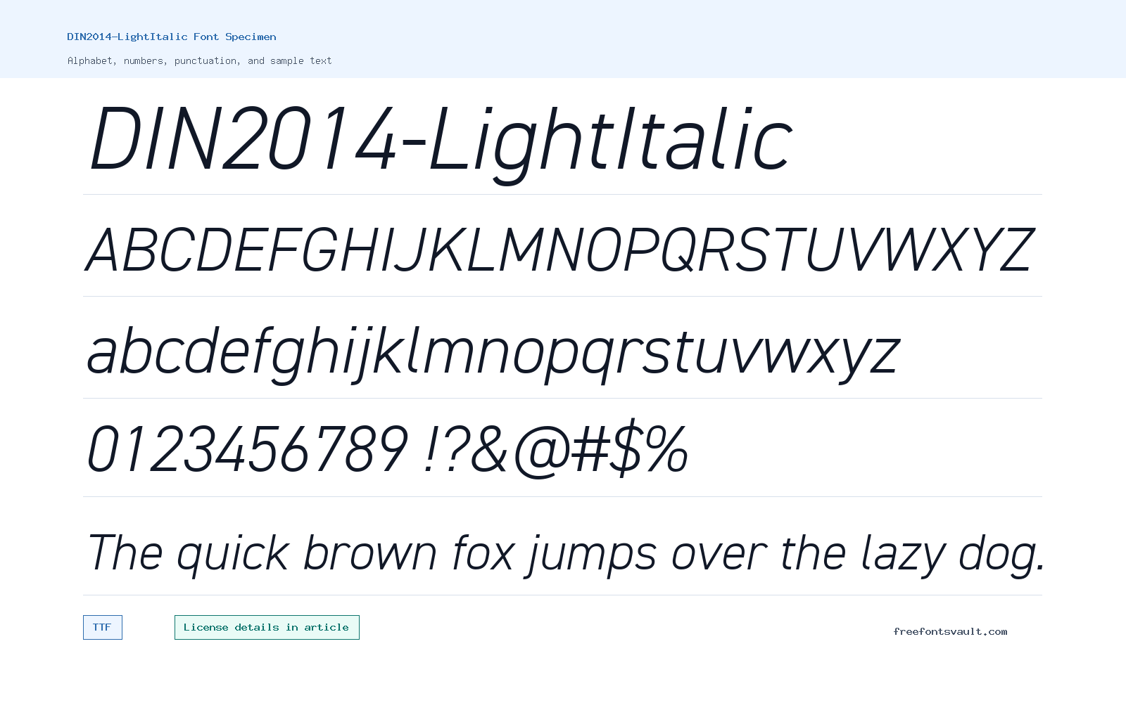 DIN2014-LightItalic font specimen showing alphabet, numbers, and sample text