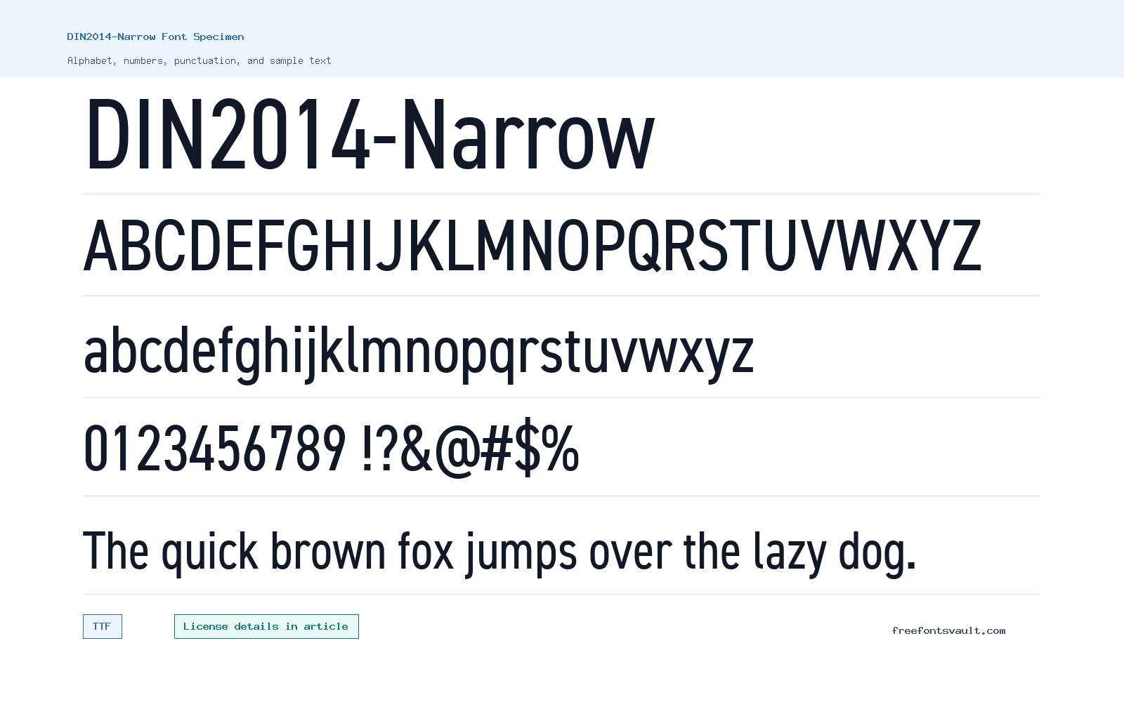 DIN2014-Narrow font specimen showing alphabet, numbers, and sample text
