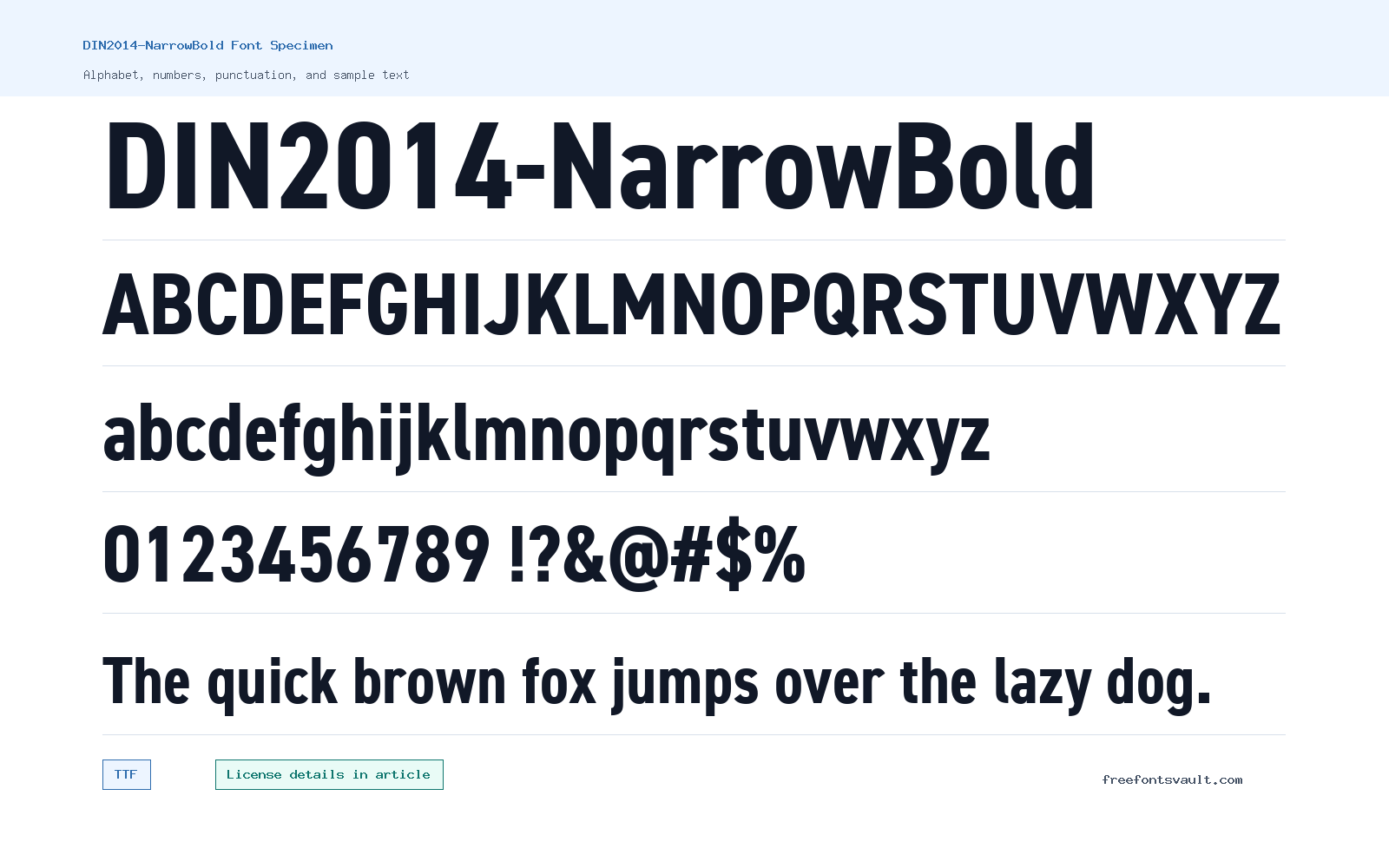 DIN2014-NarrowBold font specimen showing alphabet, numbers, and sample text