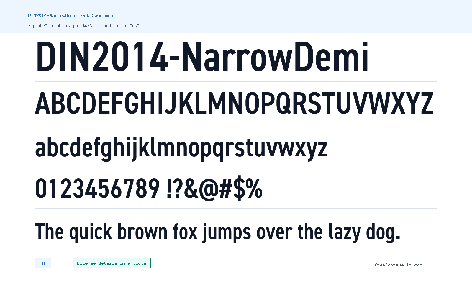 DIN2014-NarrowDemi font specimen showing alphabet, numbers, and sample text