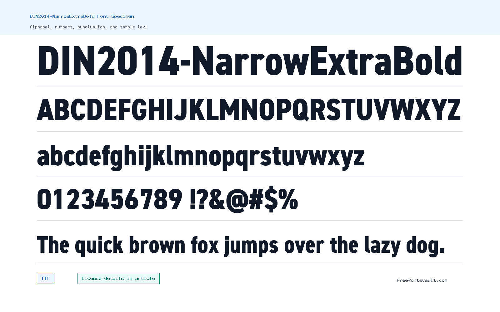 DIN2014-NarrowExtraBold font specimen showing alphabet, numbers, and sample text