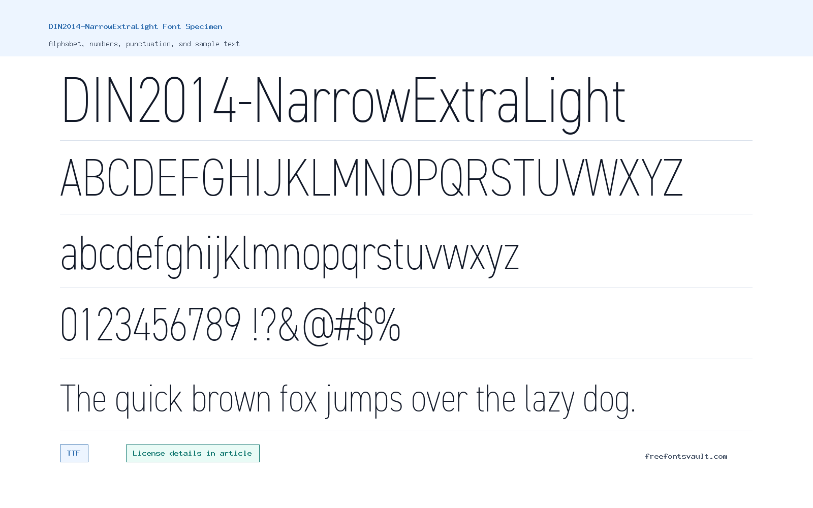 DIN2014-NarrowExtraLight font specimen showing alphabet, numbers, and sample text