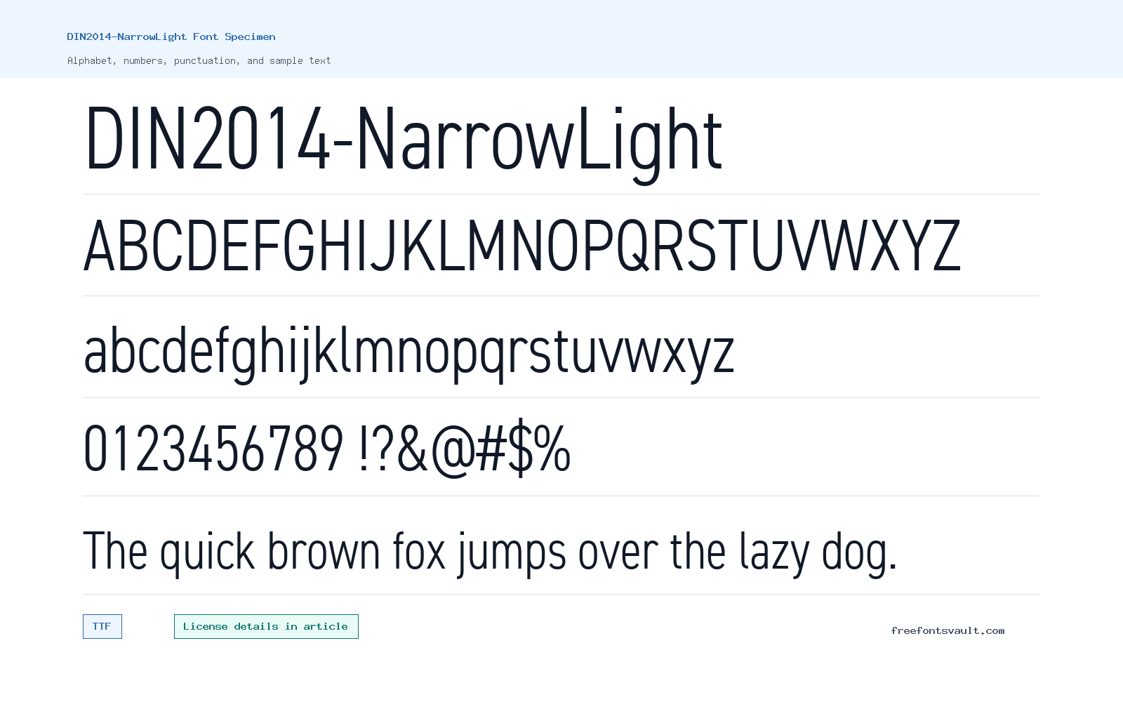 DIN2014-NarrowLight font specimen showing alphabet, numbers, and sample text