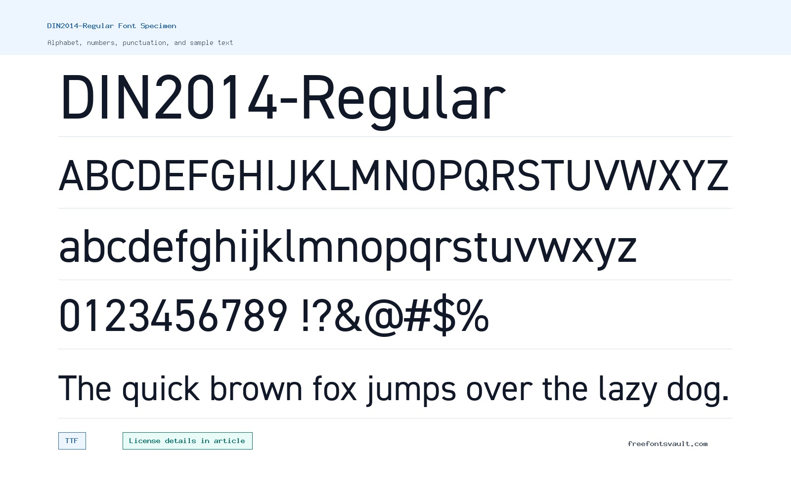 DIN2014-Regular font specimen showing alphabet, numbers, and sample text