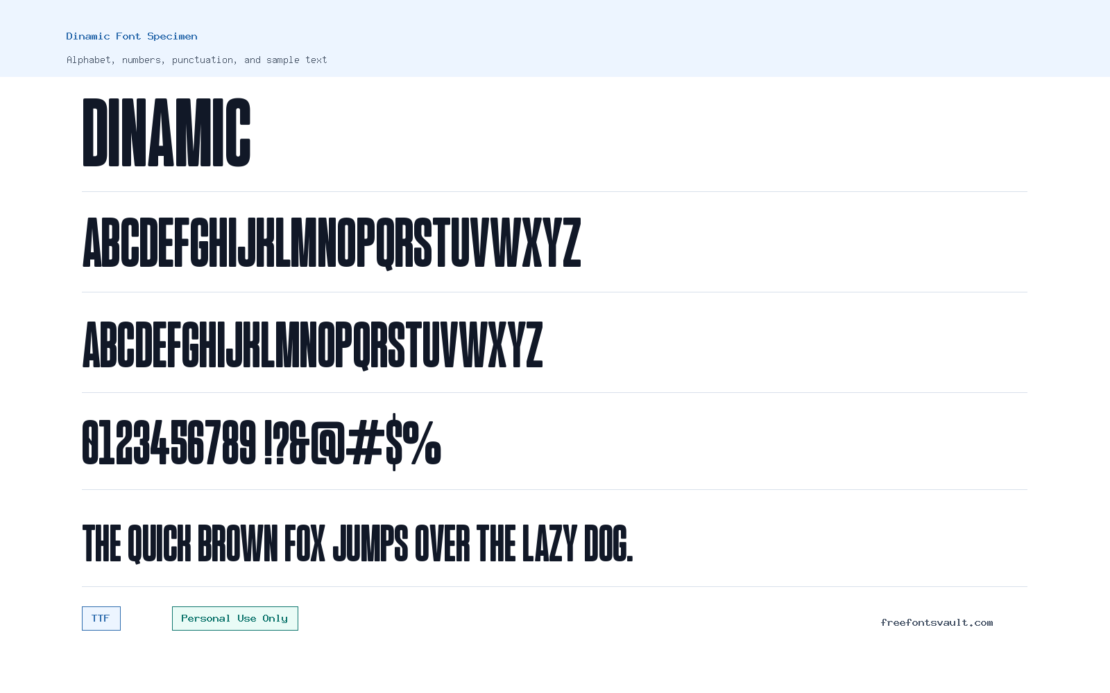 Dinamic font specimen showing alphabet, numbers, and sample text