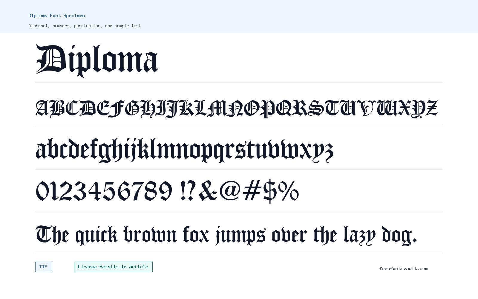 Diploma font specimen showing alphabet, numbers, and sample text