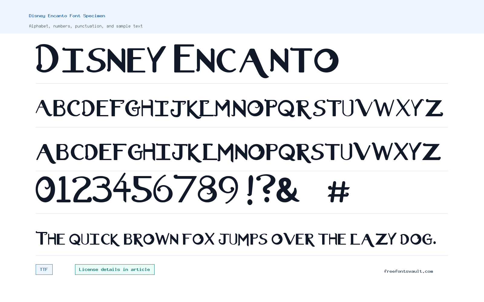 Disney Encanto font specimen showing alphabet, numbers, and sample text