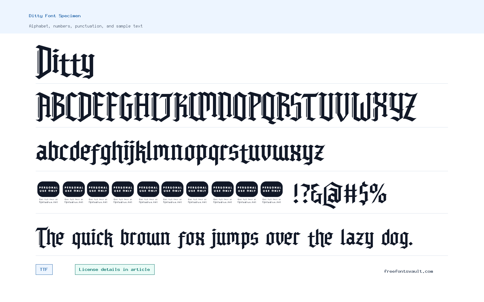Ditty font specimen showing alphabet, numbers, and sample text