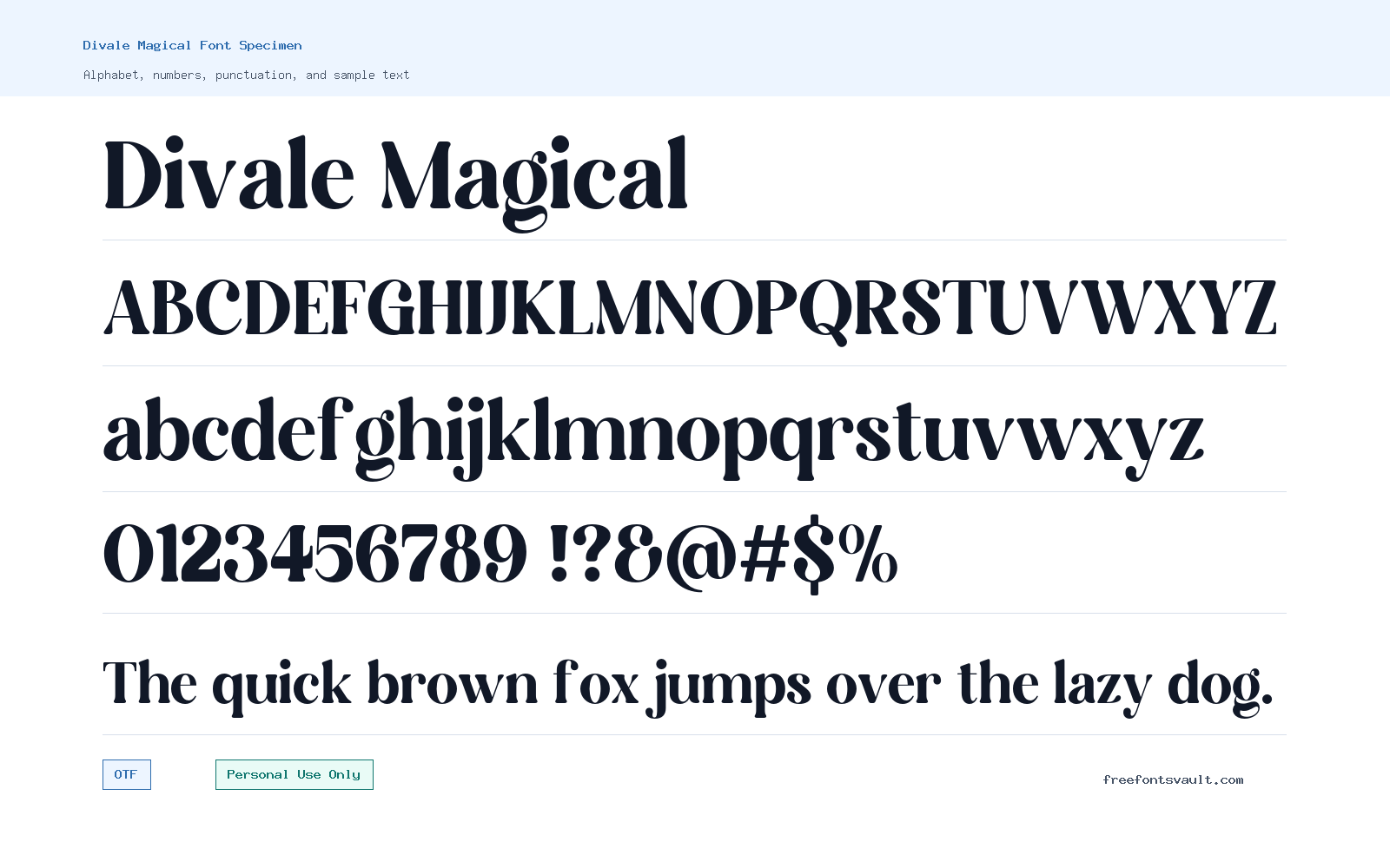 Divale Magical font specimen showing alphabet, numbers, and sample text