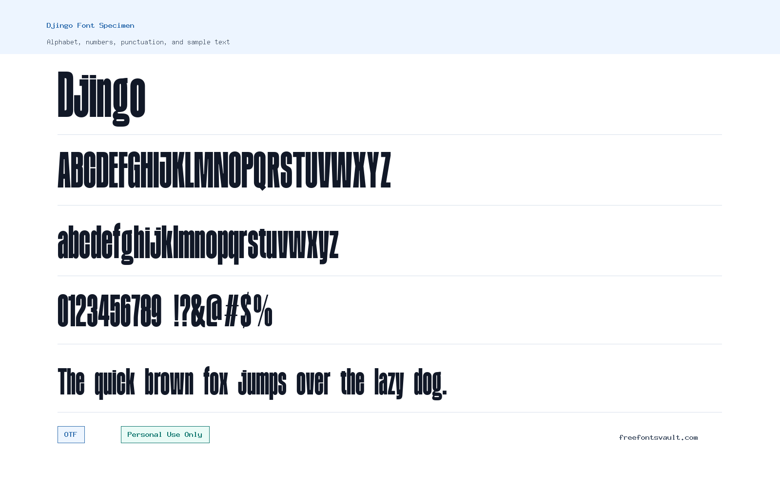Djingo font specimen showing alphabet, numbers, and sample text