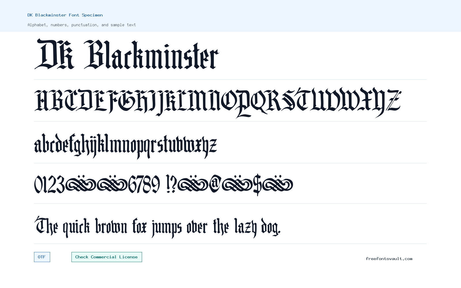 DK Blackminster font specimen showing alphabet, numbers, and sample text