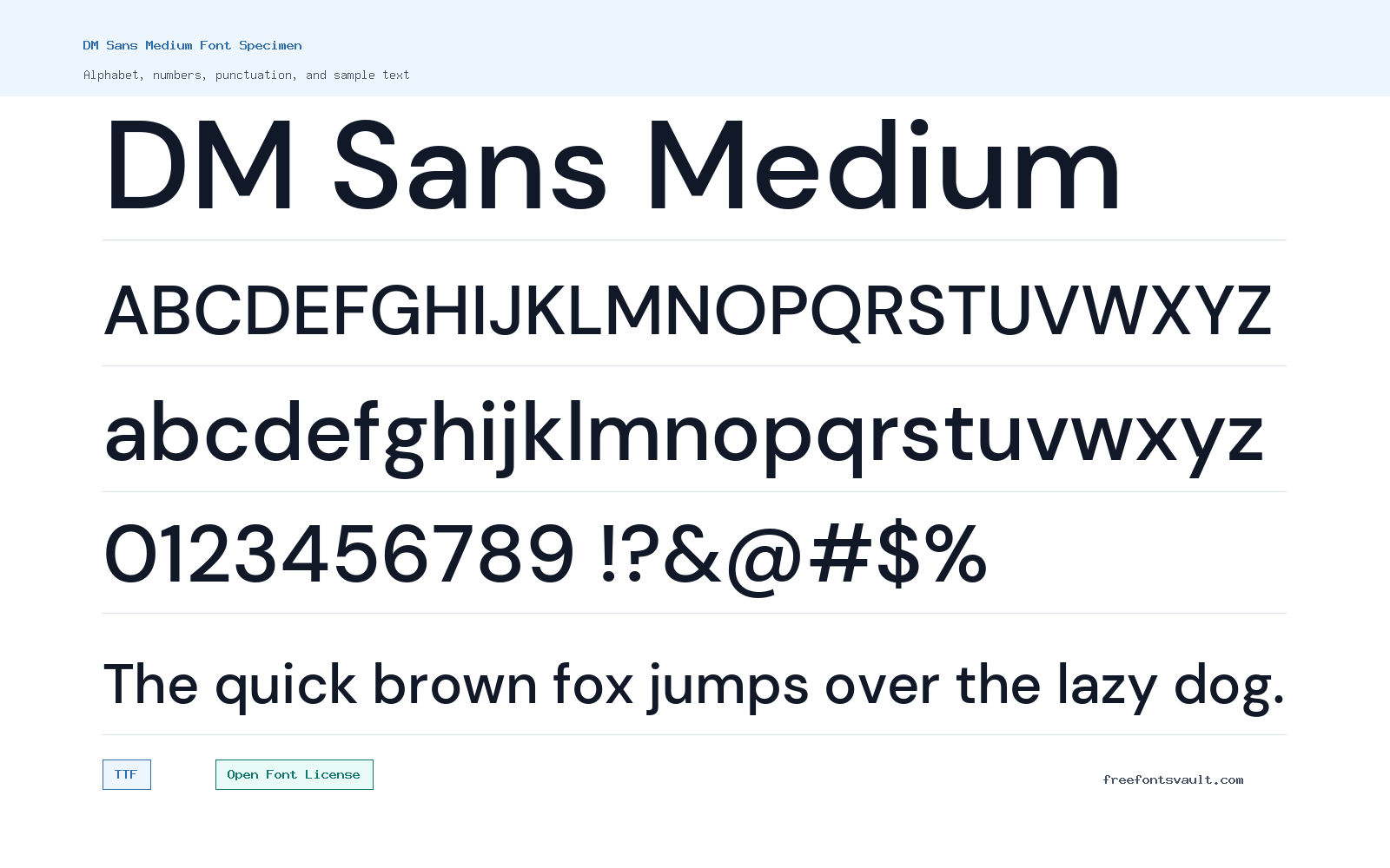 DM Sans Medium font specimen showing alphabet, numbers, and sample text