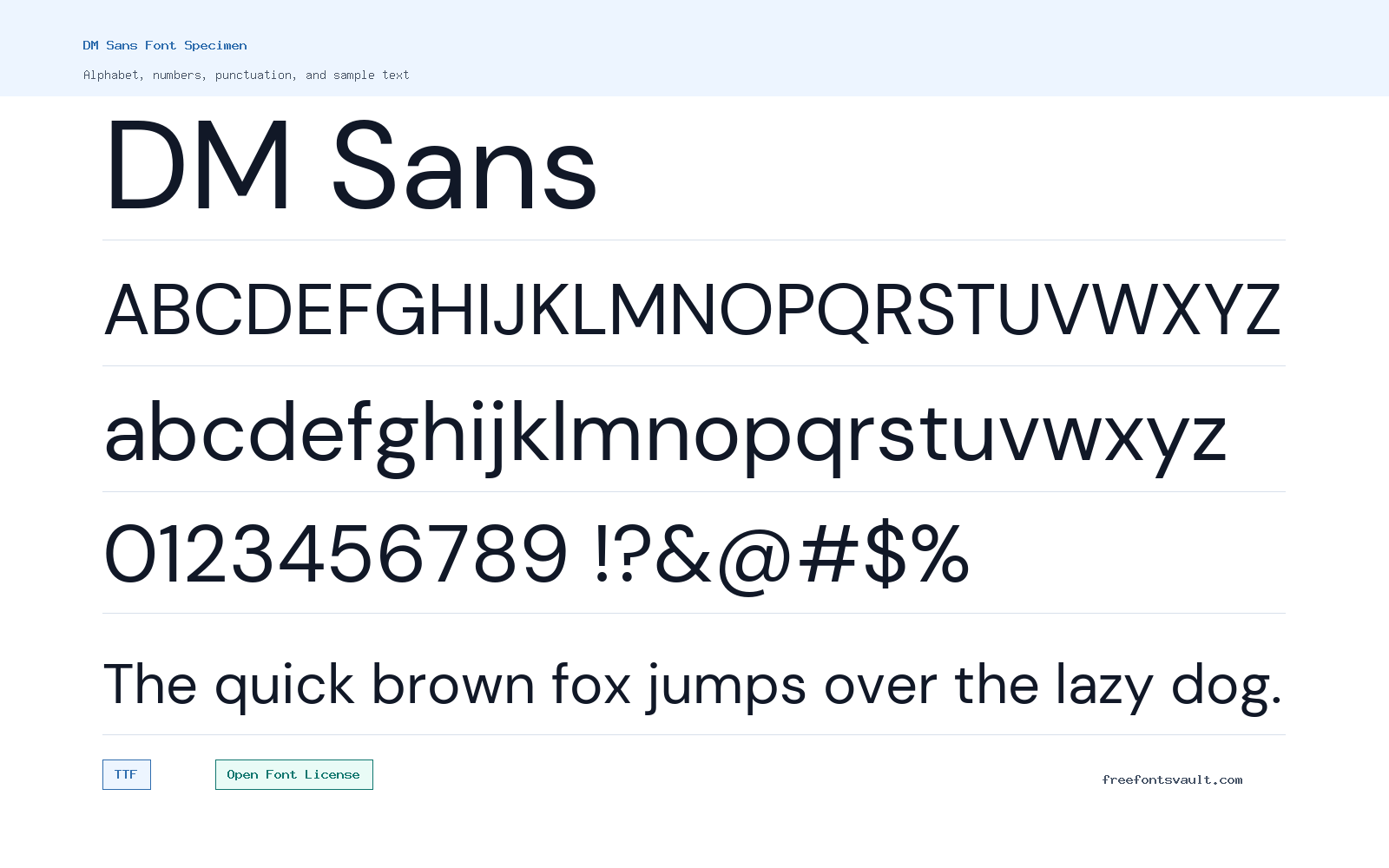DM Sans font specimen showing alphabet, numbers, and sample text