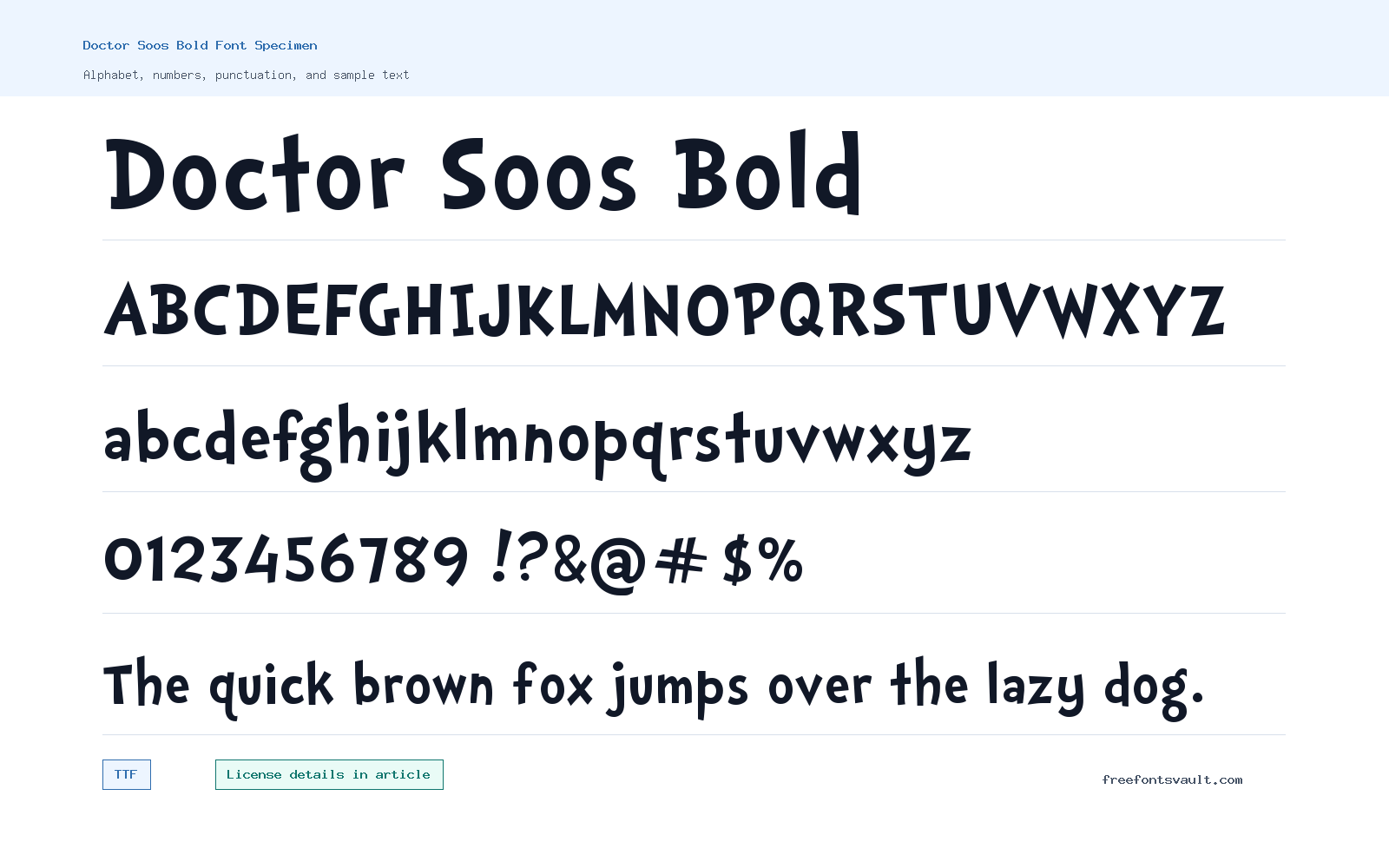 Doctor Soos Bold font specimen showing alphabet, numbers, and sample text