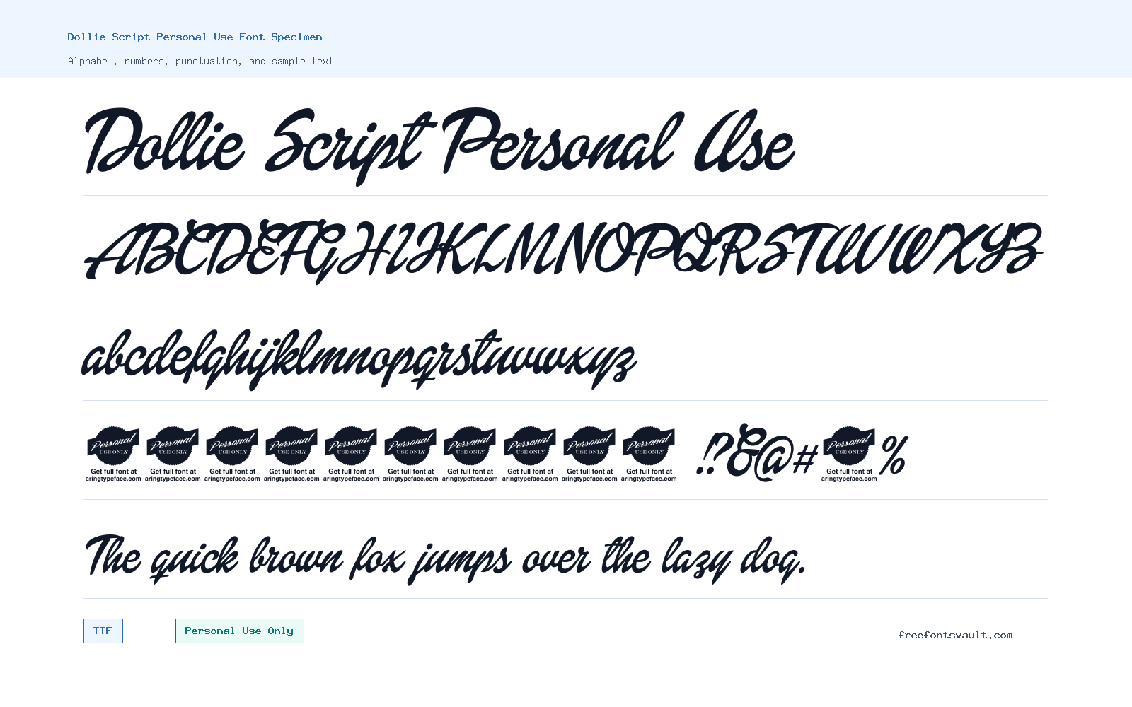 Dollie Script Personal Use font specimen showing alphabet, numbers, and sample text