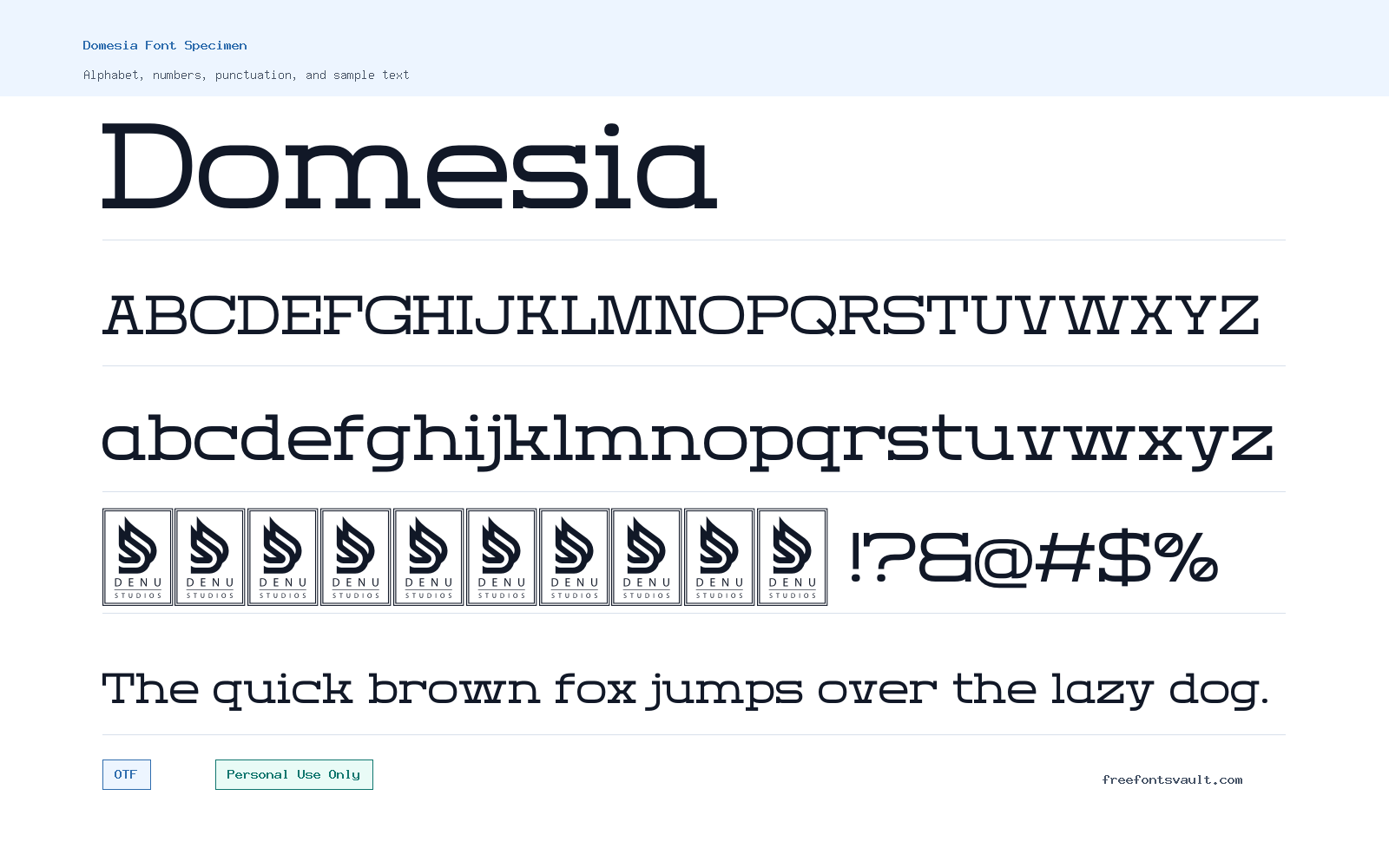 Domesia font specimen showing alphabet, numbers, and sample text