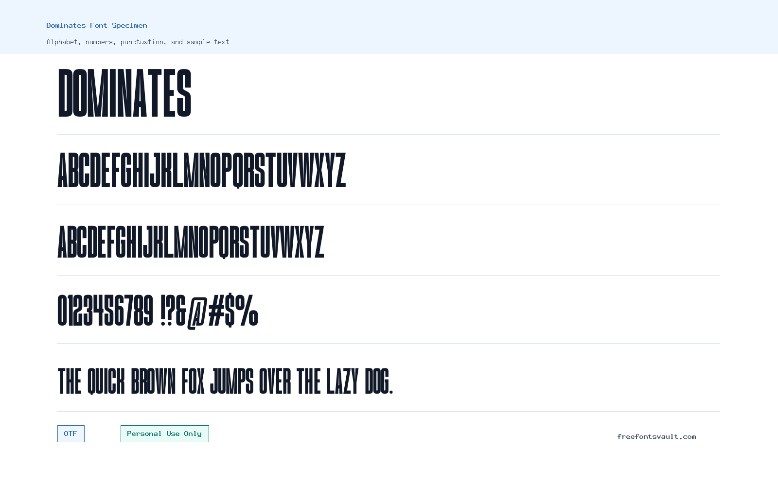 Dominates font specimen showing alphabet, numbers, and sample text