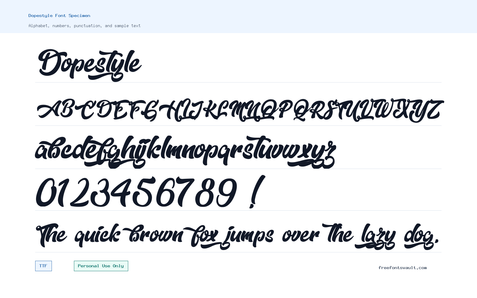 Dopestyle  font specimen showing alphabet, numbers, and sample text