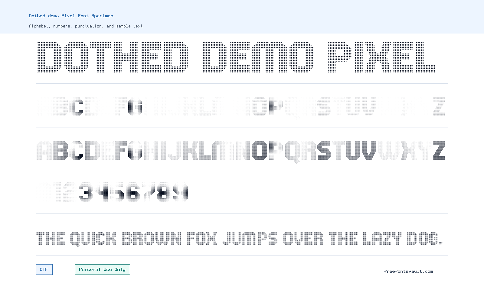 Dothed demo Pixel font specimen showing alphabet, numbers, and sample text