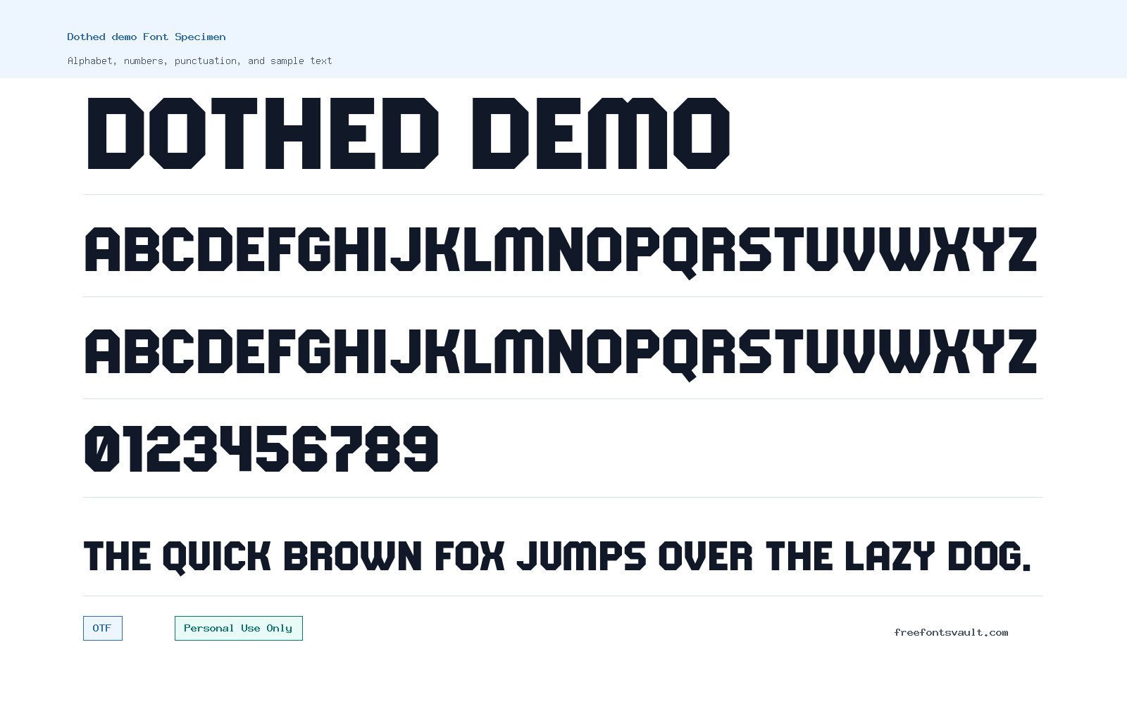 Dothed demo font specimen showing alphabet, numbers, and sample text