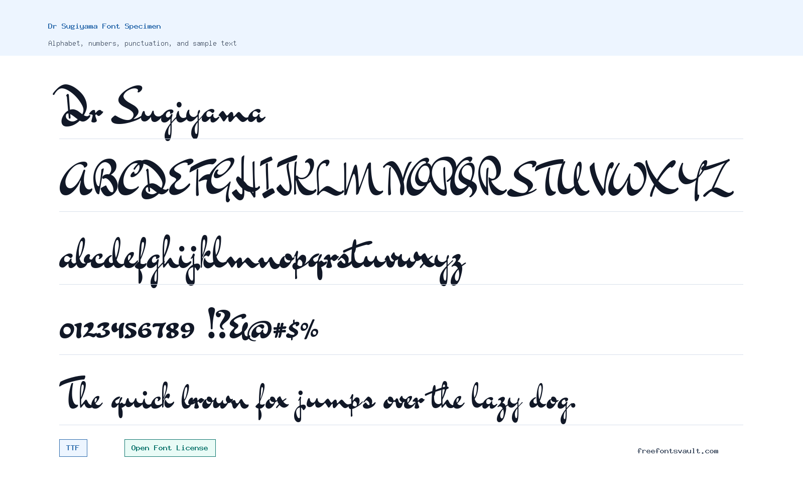 Dr Sugiyama font specimen showing alphabet, numbers, and sample text