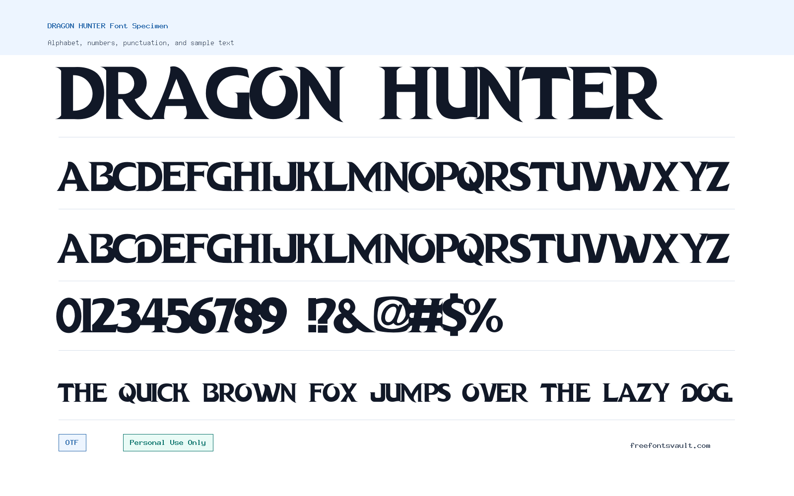DRAGON HUNTER font specimen showing alphabet, numbers, and sample text