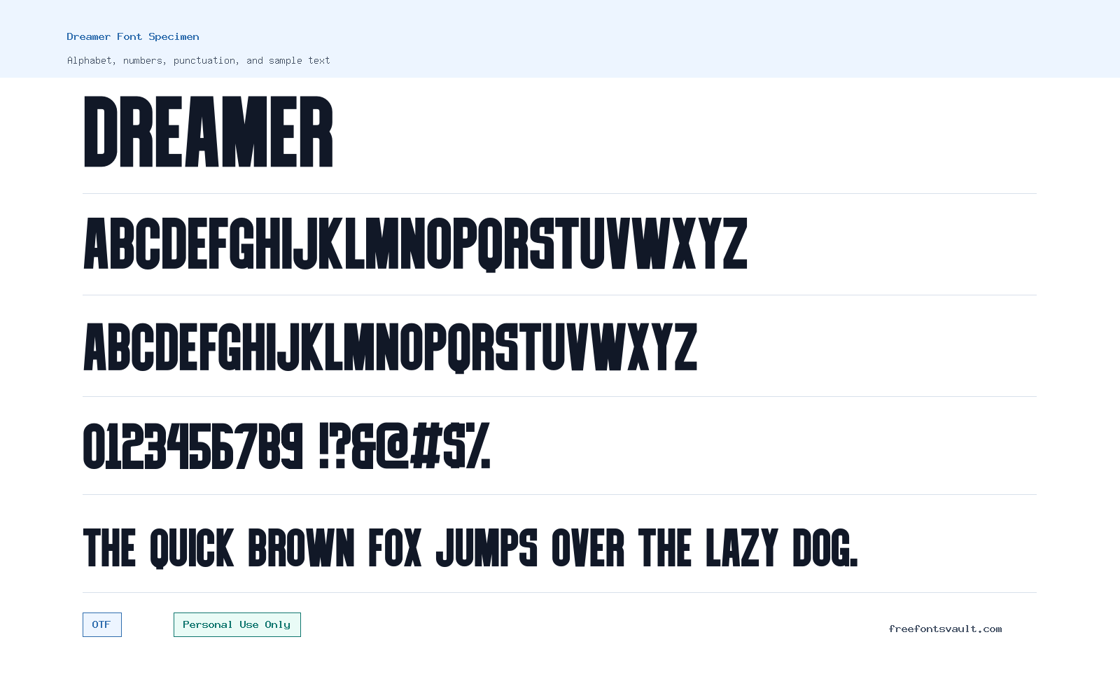 Dreamer font specimen showing alphabet, numbers, and sample text