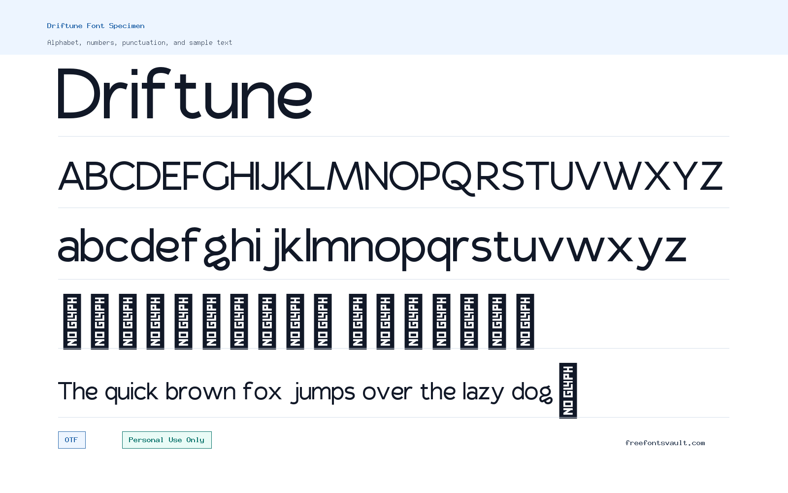 Driftune font specimen showing alphabet, numbers, and sample text