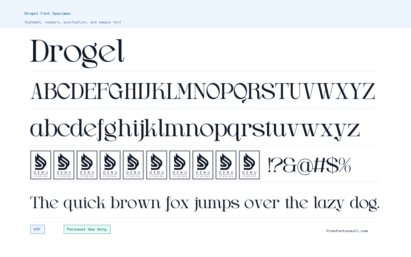 Drogel font specimen showing alphabet, numbers, and sample text