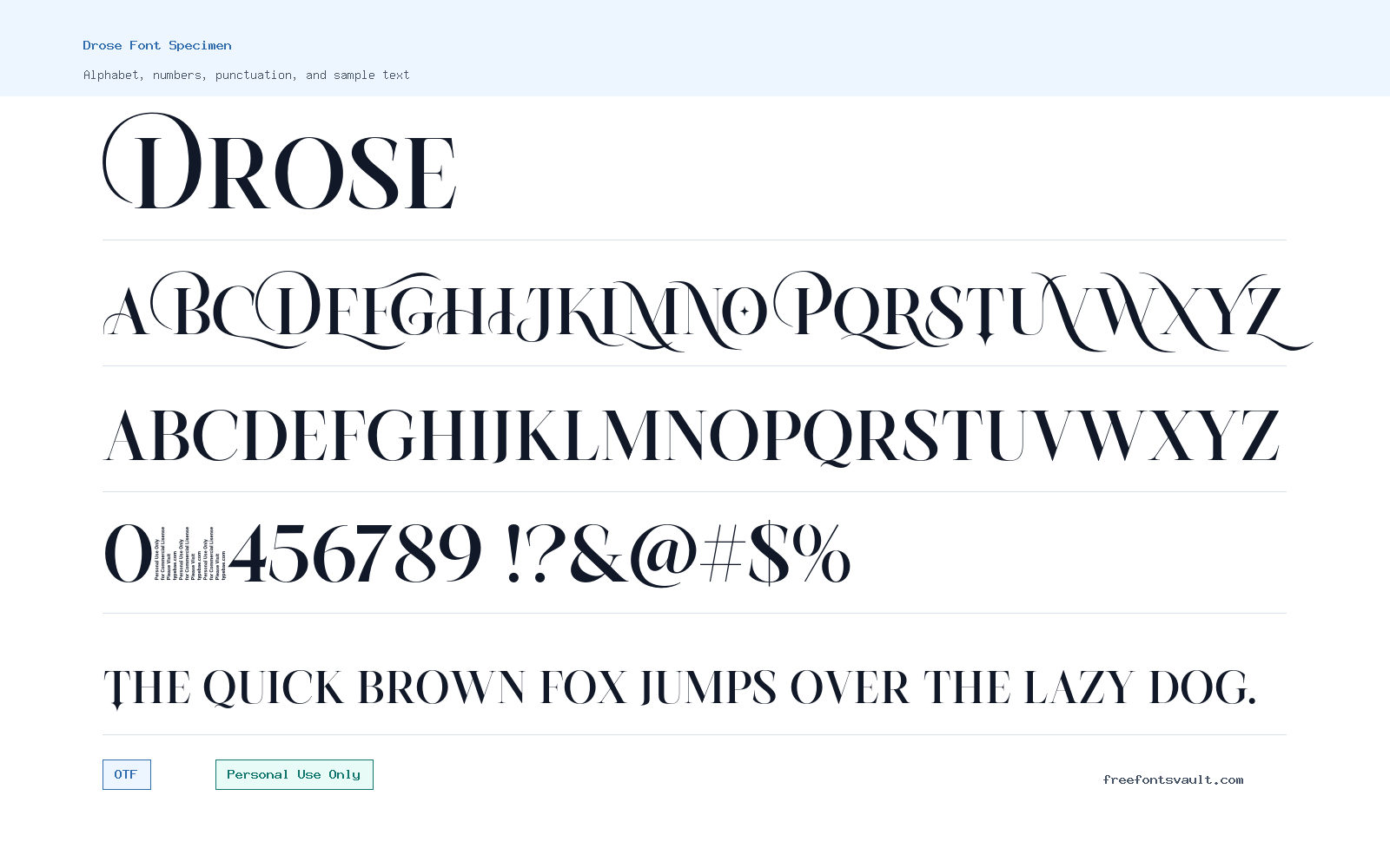 Drose font specimen showing alphabet, numbers, and sample text