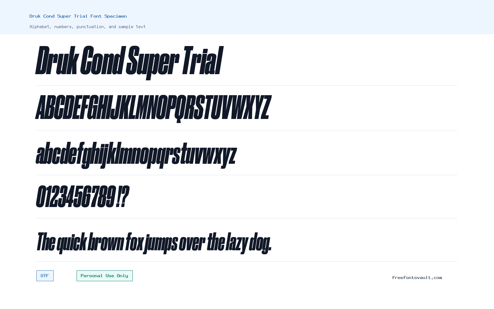Druk Cond Super Trial font specimen showing alphabet, numbers, and sample text