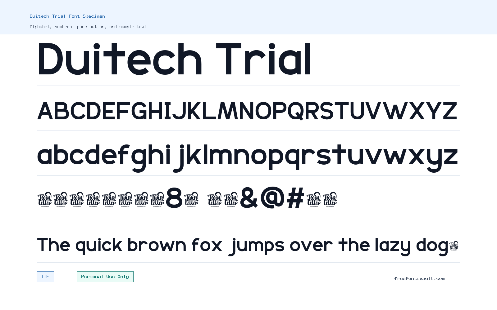 Duitech Trial font specimen showing alphabet, numbers, and sample text