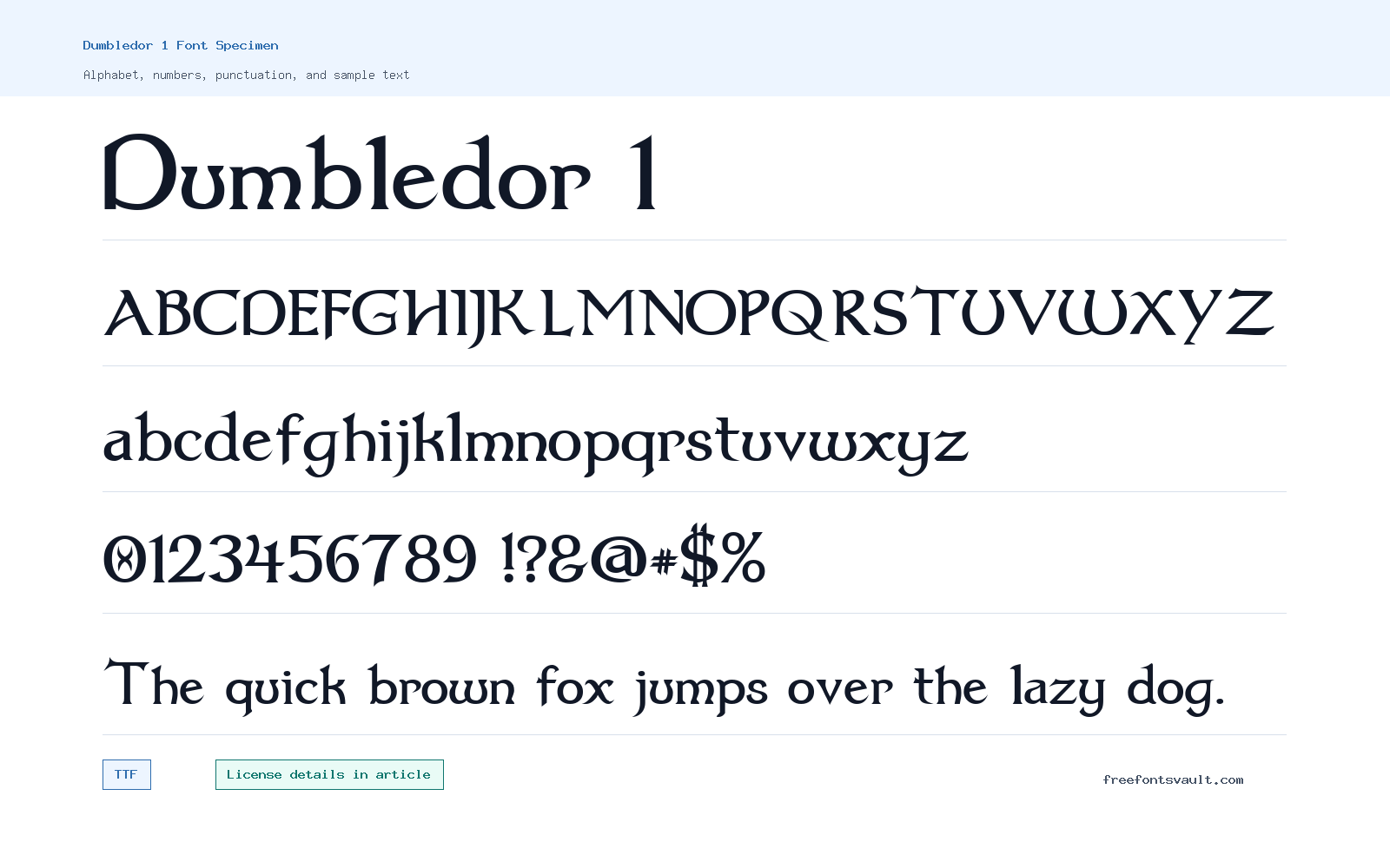 Dumbledor 1 font specimen showing alphabet, numbers, and sample text