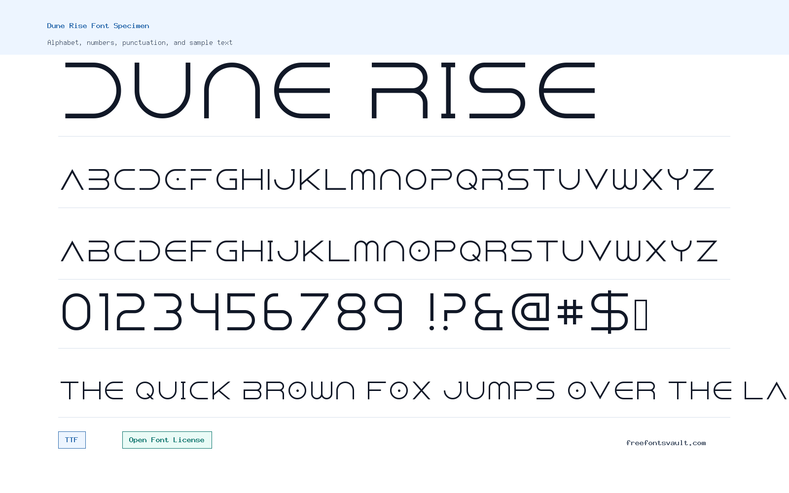 Dune Rise font specimen showing alphabet, numbers, and sample text