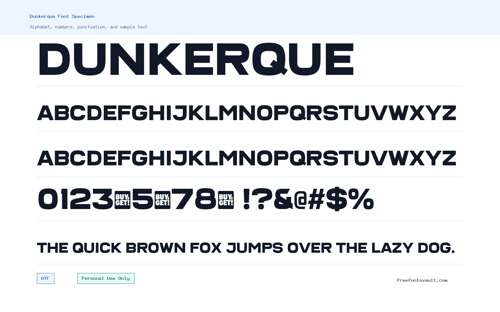 Dunkerque font specimen showing alphabet, numbers, and sample text