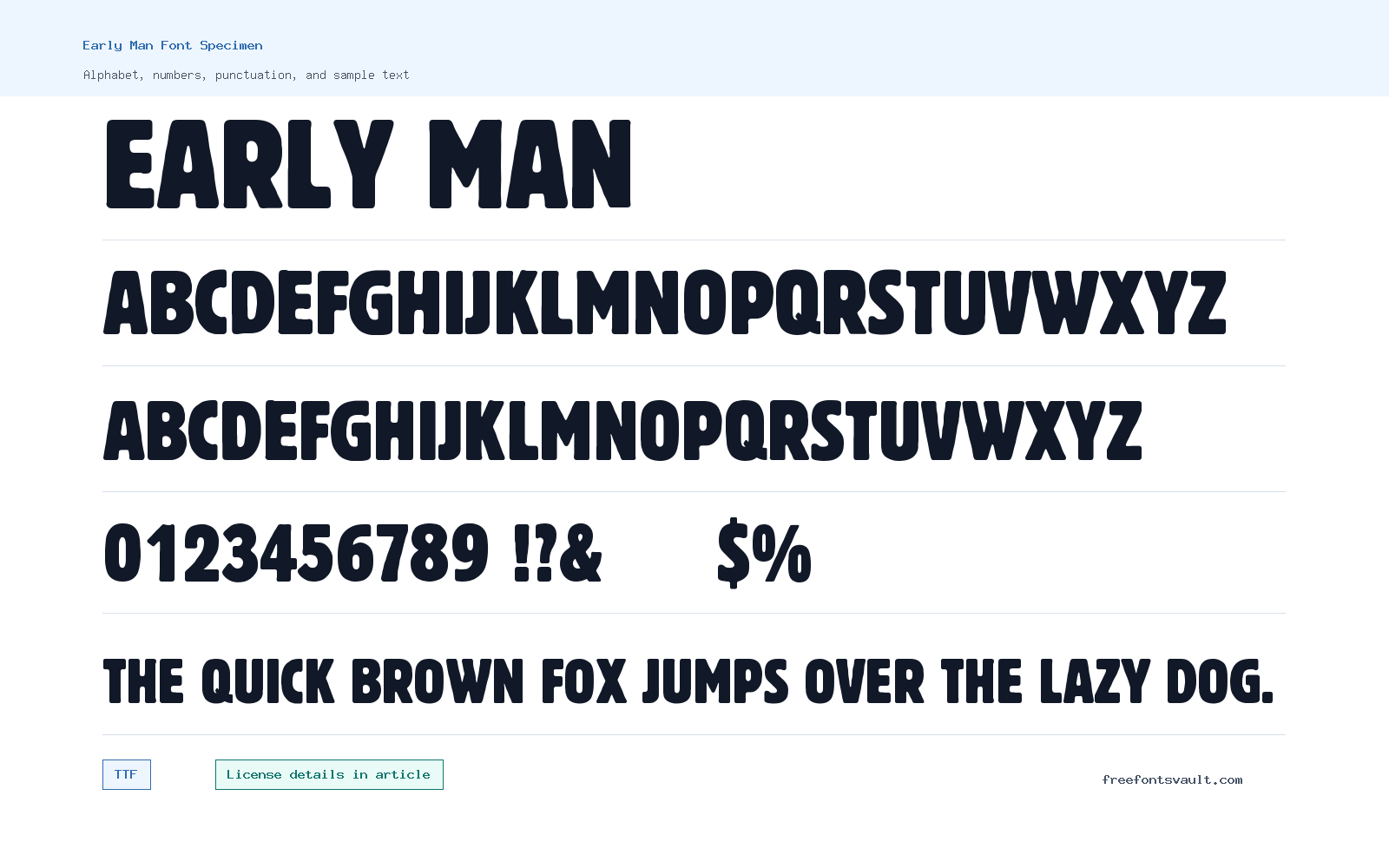 Early Man font specimen showing alphabet, numbers, and sample text